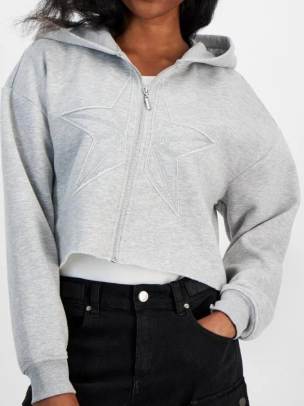 Self Esteem Women's Gray LS Full Zip Cropped Raw Hem Embroidered Star Hoodie